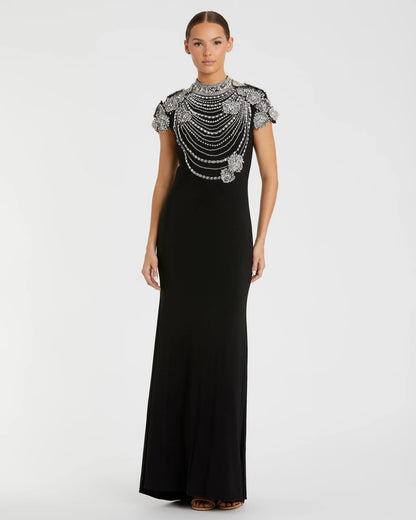 Black High Neck Embellished Column Gown