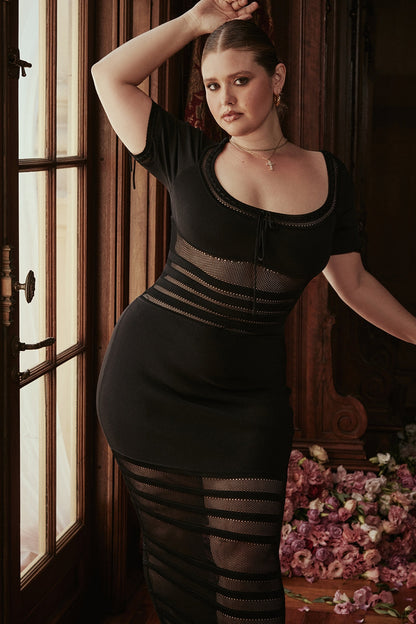 black openwork knit midi dress