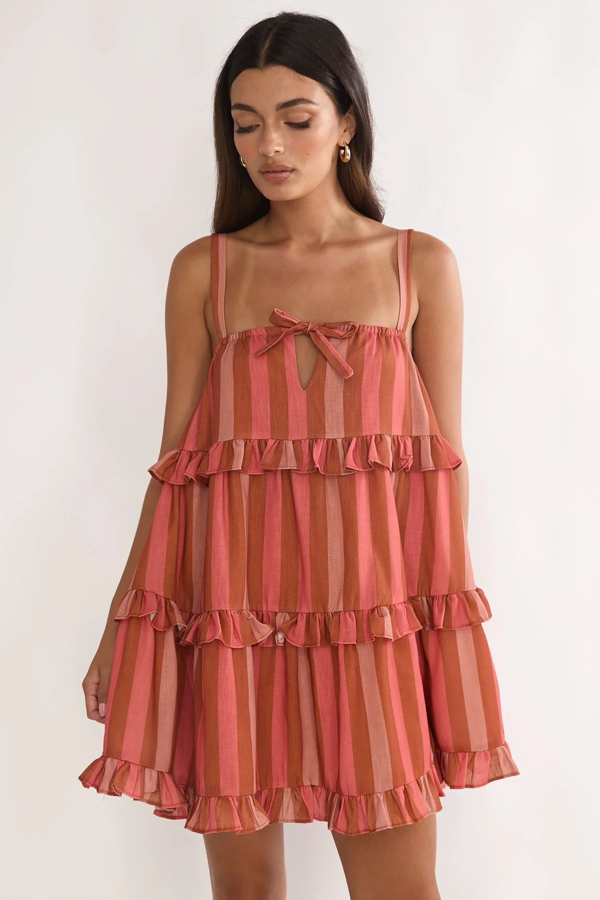Lyndara Frill Trim Mini Dress Stripe Peach