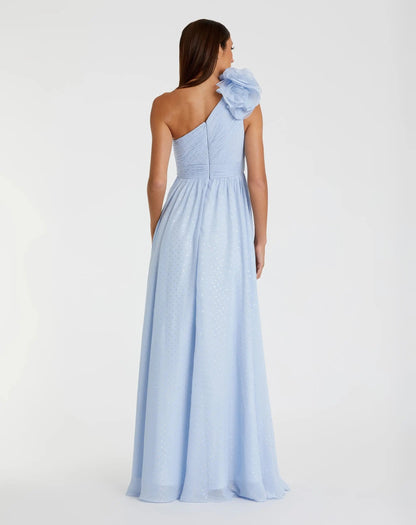 Blue One Shoulder Polka Dot Chiffon Gown With Ruffle Detail