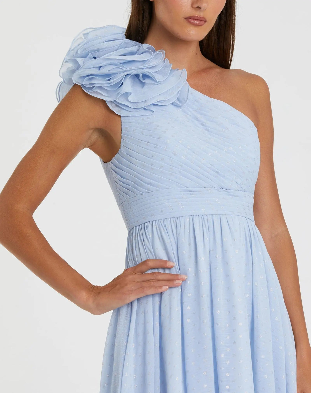 Blue One Shoulder Polka Dot Chiffon Gown With Ruffle Detail