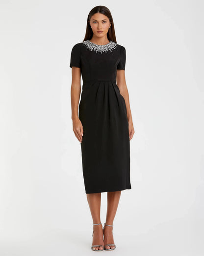 Black Short Sleeve Rhinestone Neckline Midi Dress