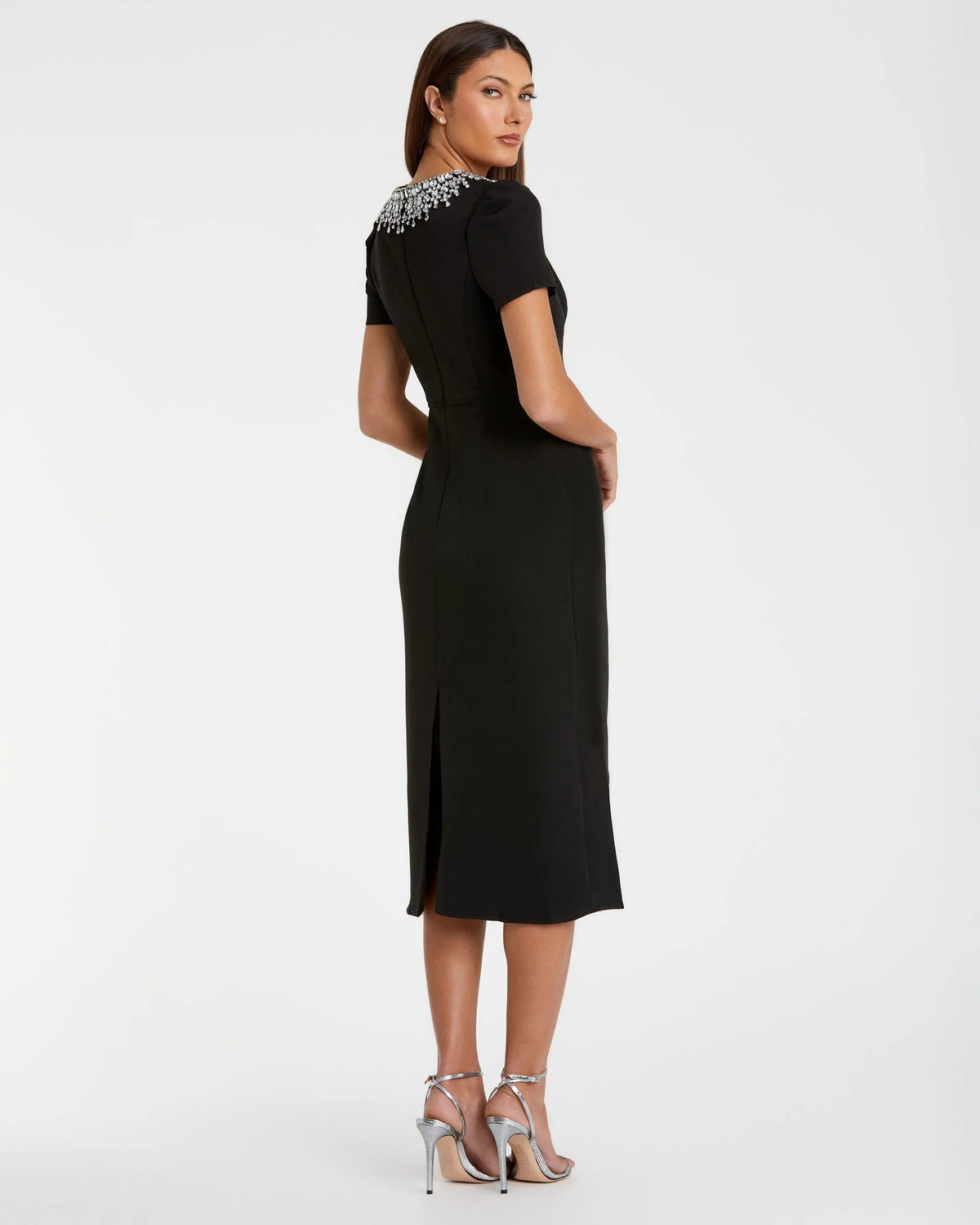Black Short Sleeve Rhinestone Neckline Midi Dress