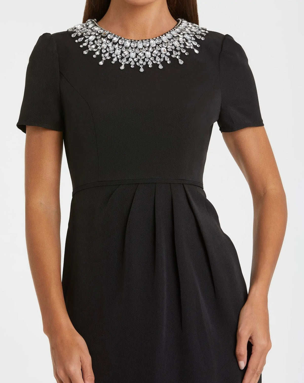 Black Short Sleeve Rhinestone Neckline Midi Dress