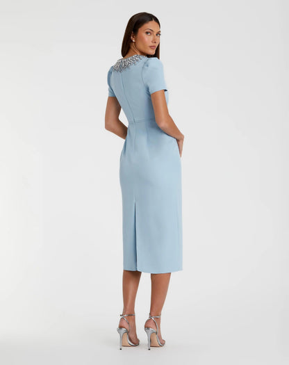 Blue Short Sleeve Rhinestone Neckline Midi Dress