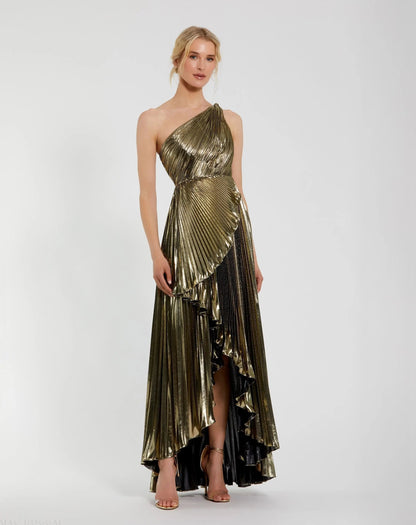 Gold Metallic Pleated One Shoulder Gown