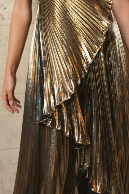Gold Metallic Pleated One Shoulder Gown