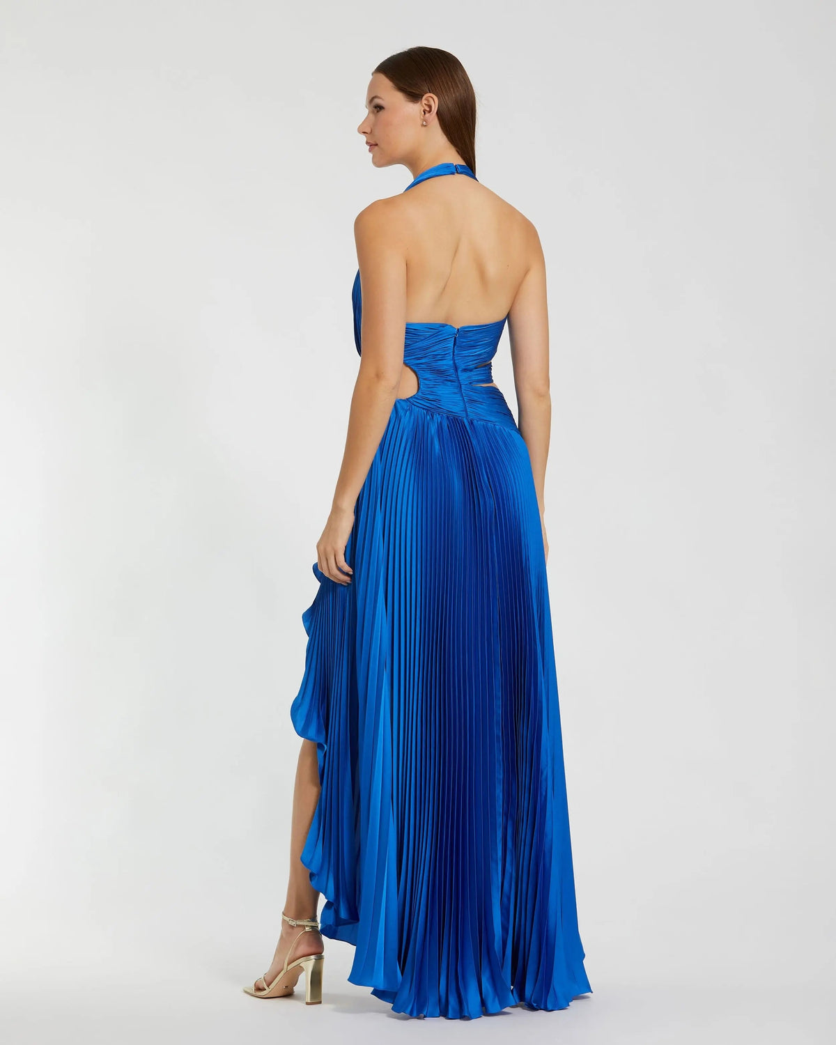 Blue Pleated Charmeuse Halter Cutout Gown