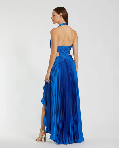 Blue Pleated Charmeuse Halter Cutout Gown