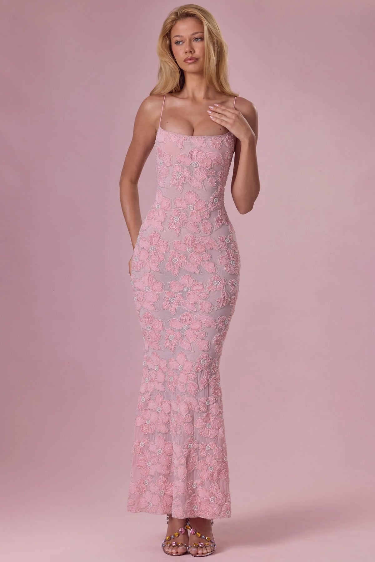 Embellished Square Neck Maxi Dress in Blush Pink