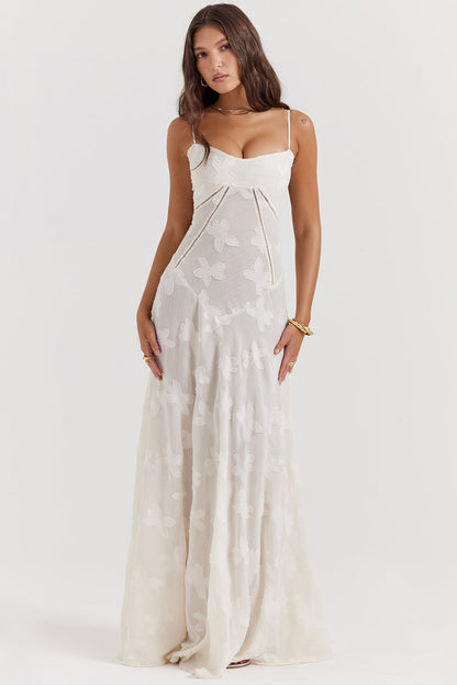vintage cream floral lace back maxi dress