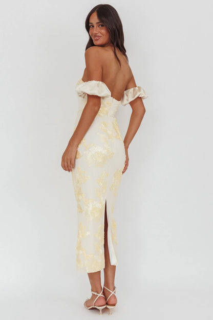 Roman Holiday Puff Sleeve Embellished Midi Dress Gold