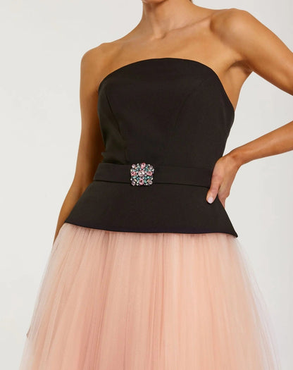 Black and Pink Strapless Midi Dress With Tulle Skirt