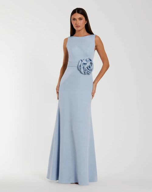 Blue Boat Neck Crepe A Line Gown With Flower
