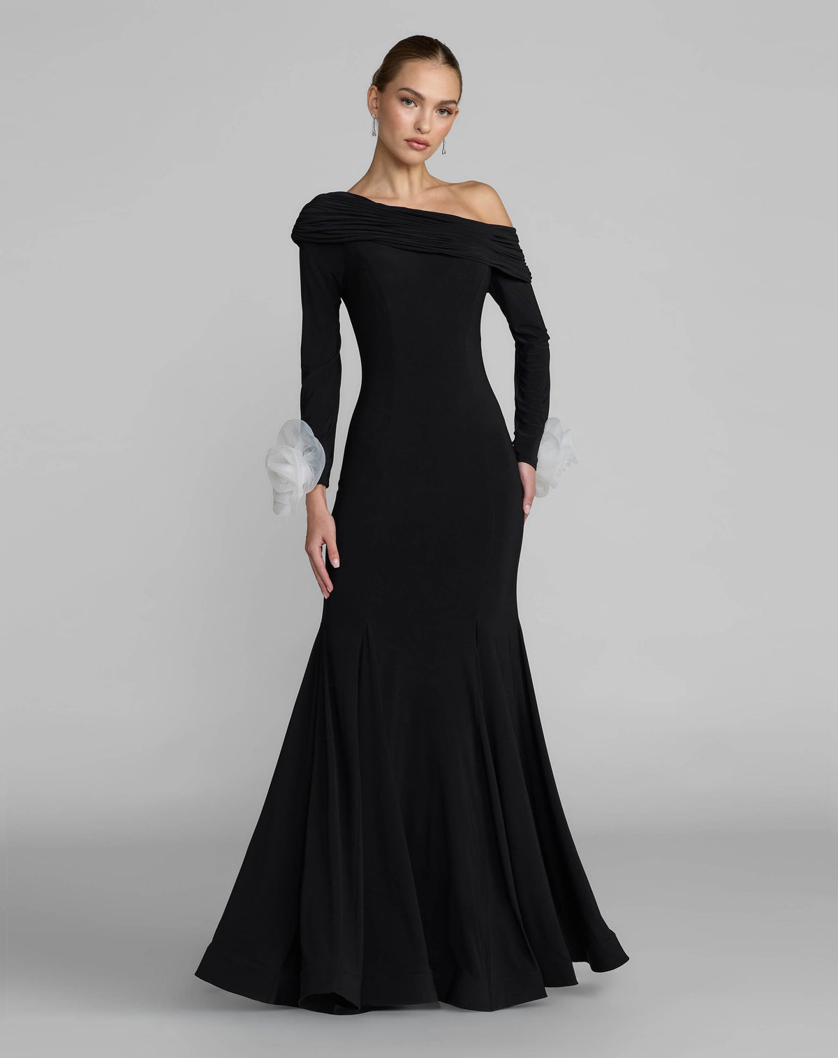 Black One Shoulder Long Sleeve Jersey Gown