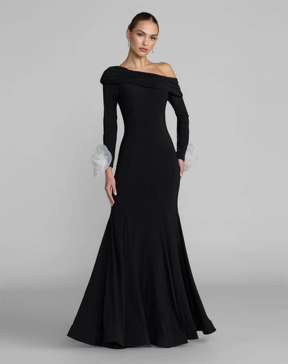 Black One Shoulder Long Sleeve Jersey Gown