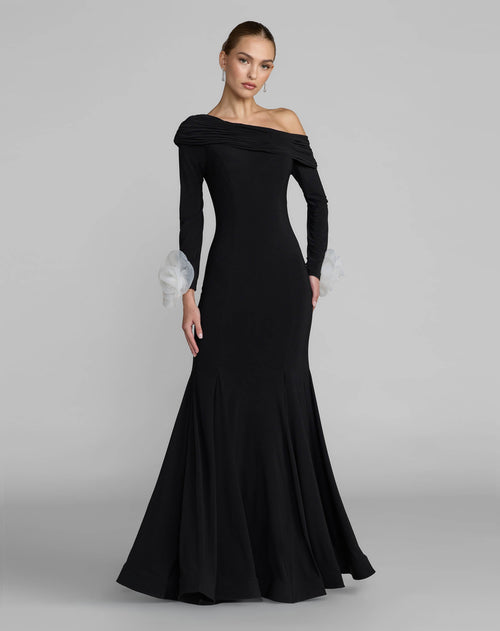 Black One Shoulder Long Sleeve Jersey Gown