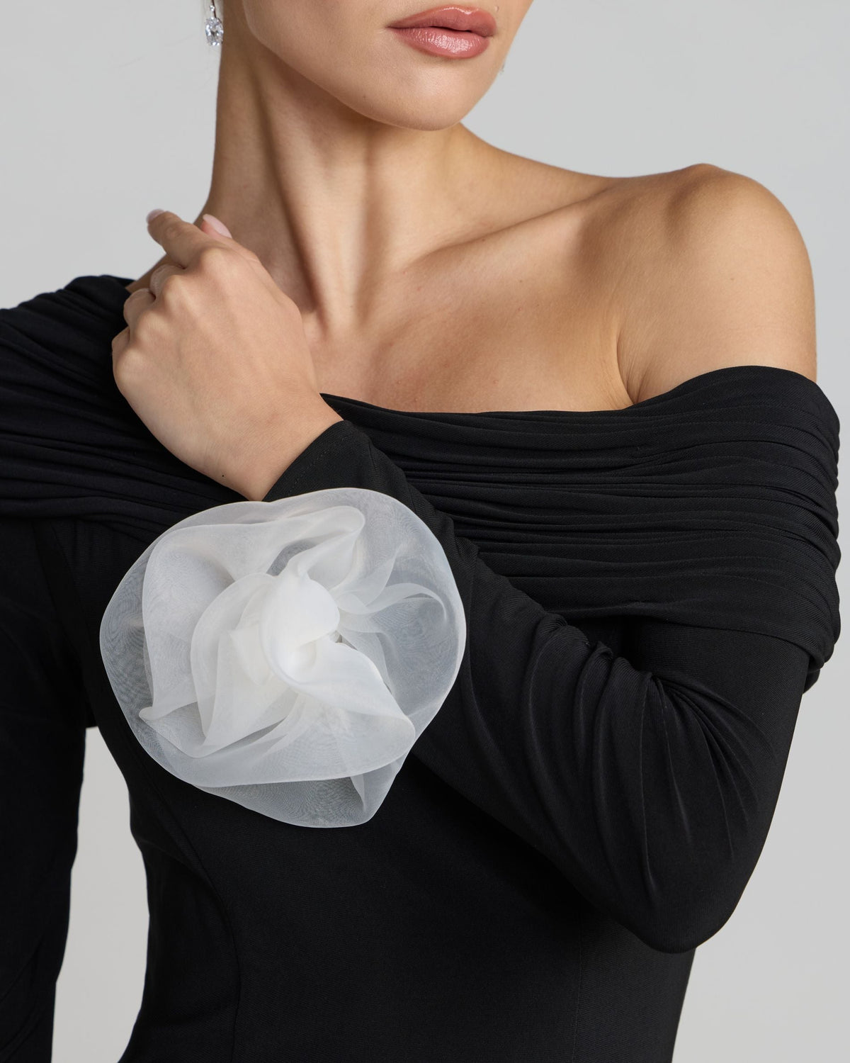 Black One Shoulder Long Sleeve Jersey Gown