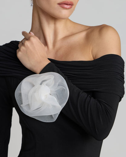 Black One Shoulder Long Sleeve Jersey Gown
