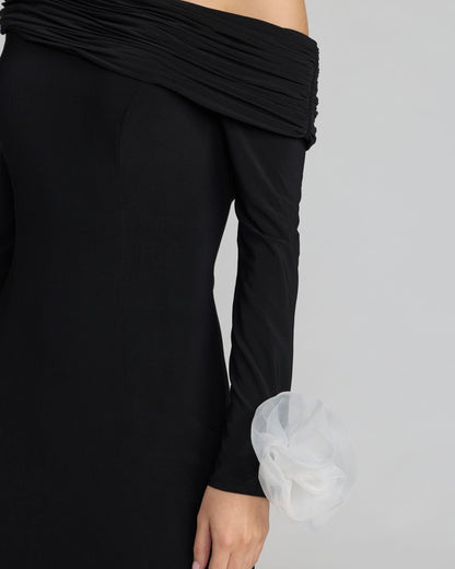 Black One Shoulder Long Sleeve Jersey Gown