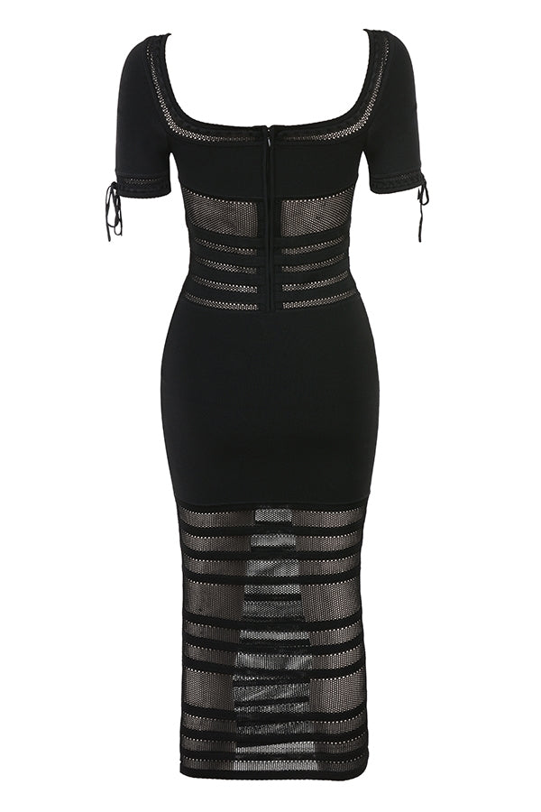black openwork knit midi dress