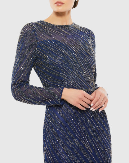 Navy Long Sleeve Beaded Column Gown - FINAL SALE