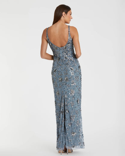 Blue Floral Embellished Scoop Neck Evening Gown