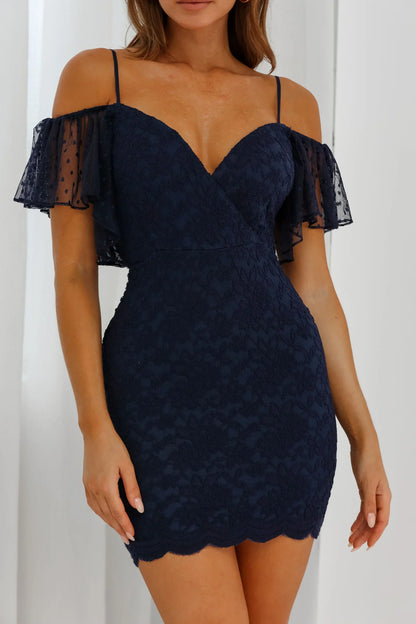 Maribel Hail Spot Sleeve Lace-Up Back Lace Mini Dress Navy
