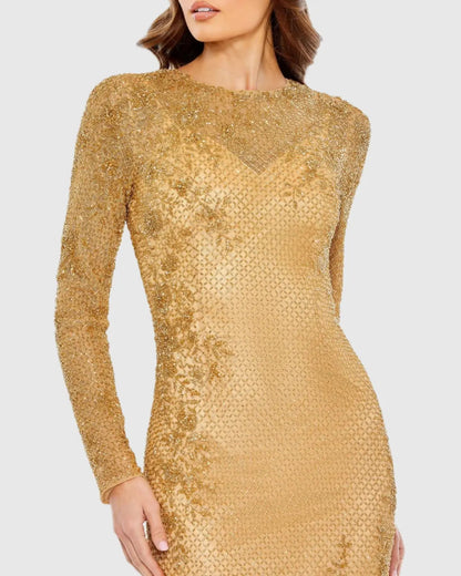Gold Floral Beaded Evening Gown