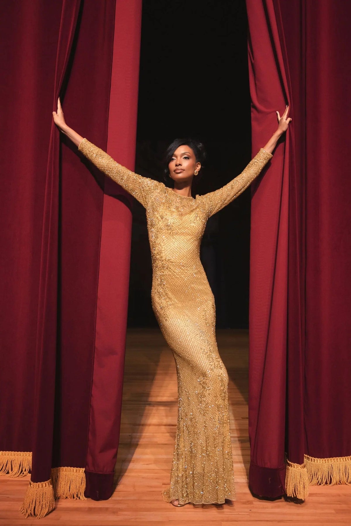 Gold Floral Beaded Evening Gown
