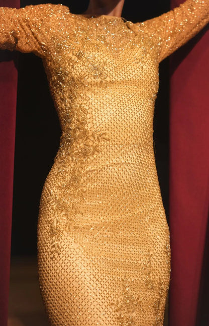 Gold Floral Beaded Evening Gown