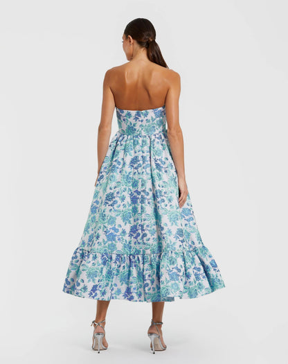 Blue Floral Brocade Strapless A Line Midi Dress