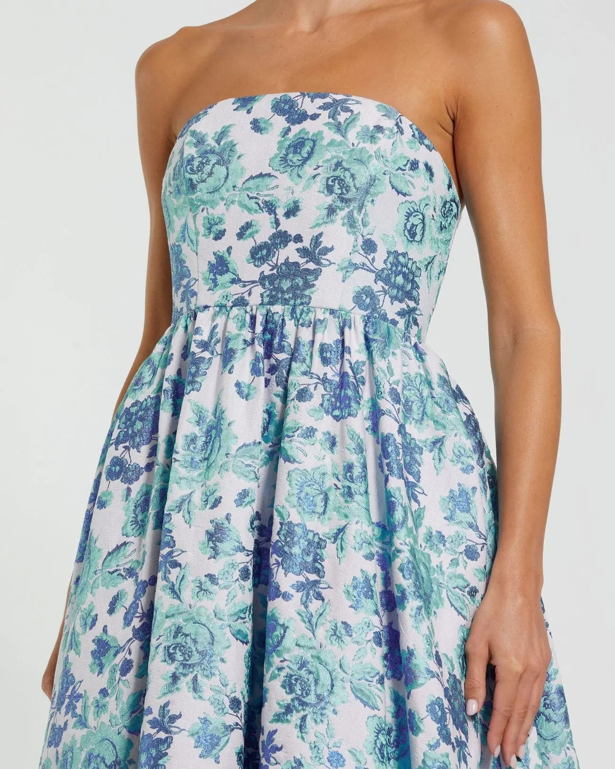 Blue Floral Brocade Strapless A Line Midi Dress