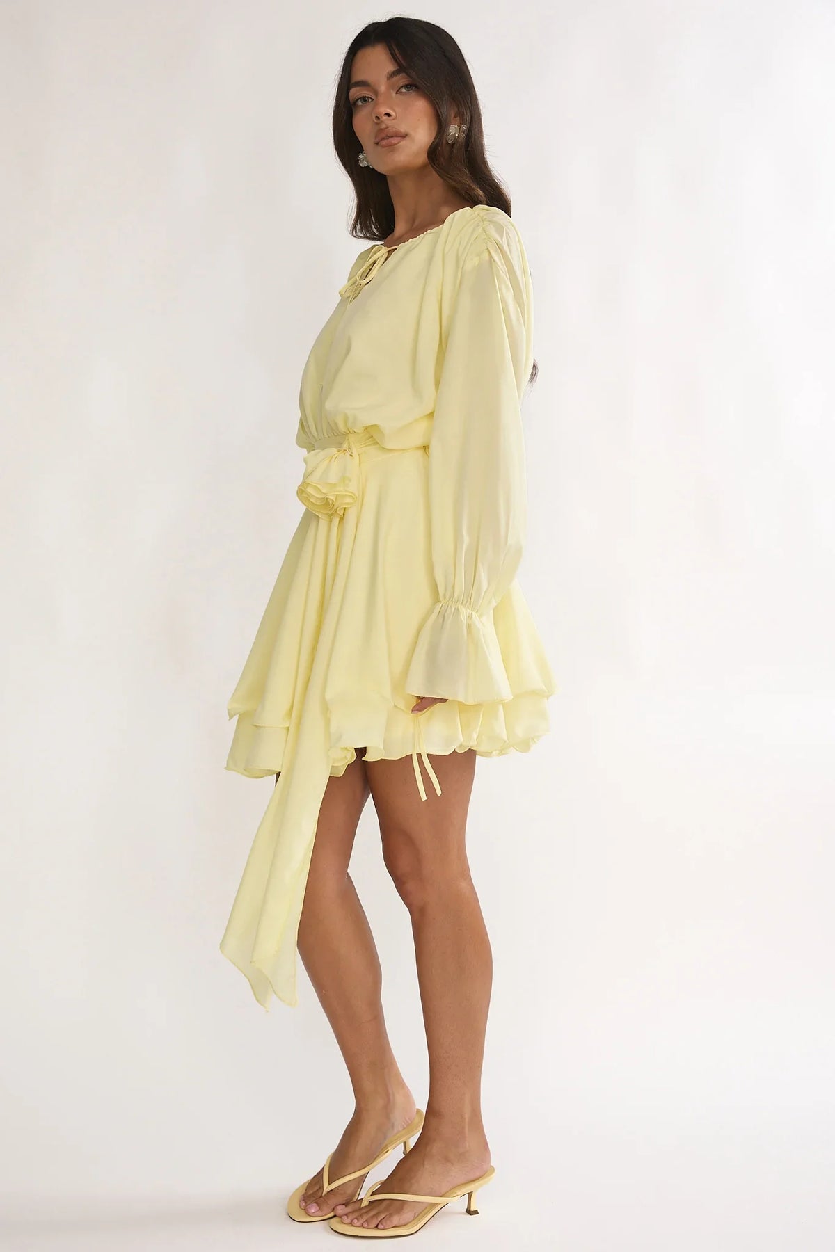 Maeva Long Balloon Sleeve Rosette Mini Dress Lemon