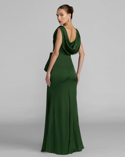 Green Draped Cowl Neck Gown with Side Slit