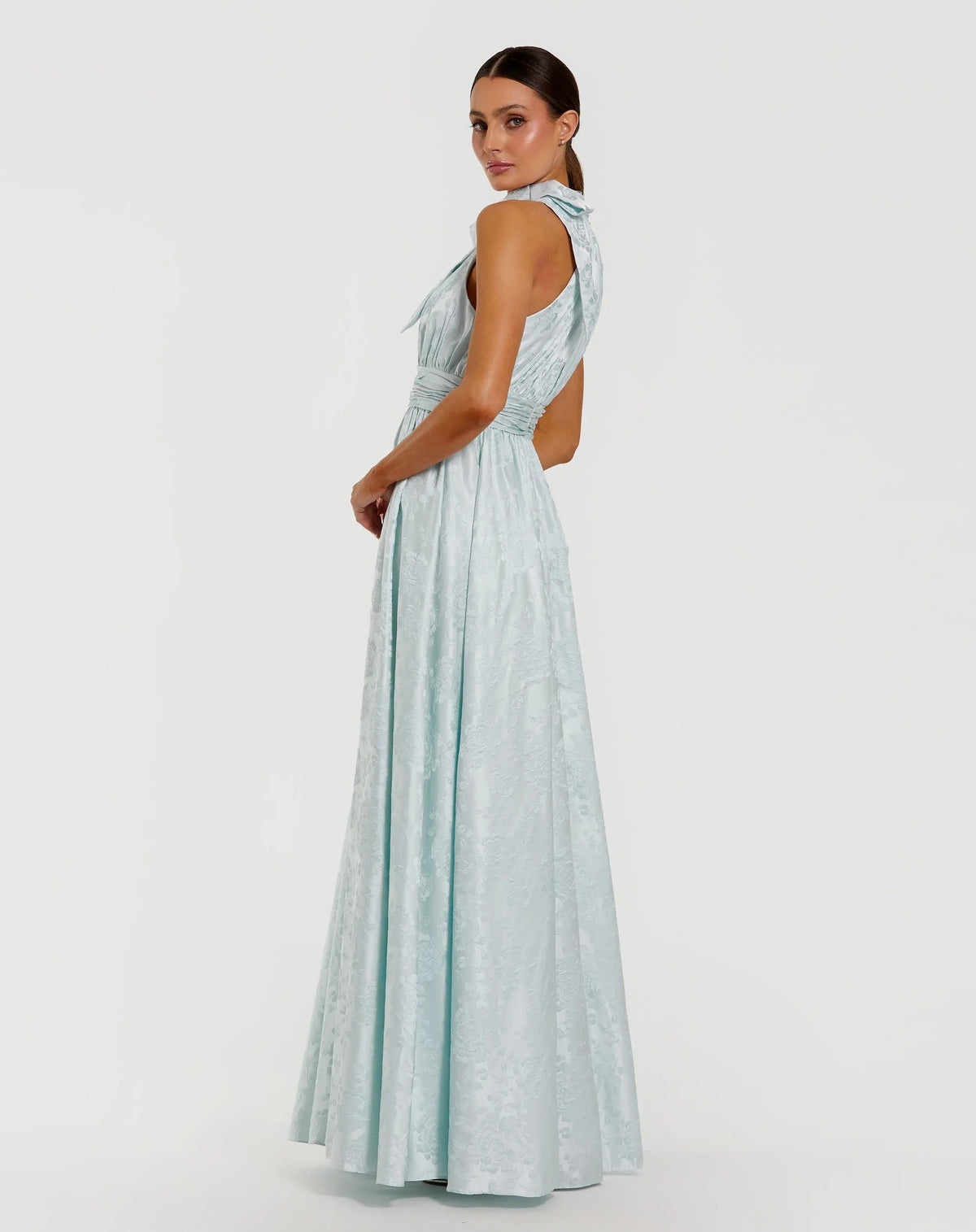 Blue Sleeveless Halter Neck Brocade Gown With Bow Detail