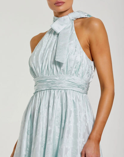 Blue Sleeveless Halter Neck Brocade Gown With Bow Detail