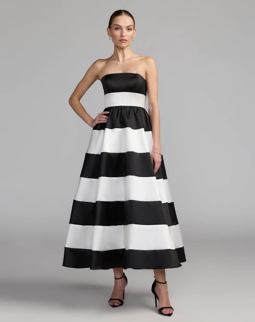 Black and White Striped Strapless Mikado Midi Dress