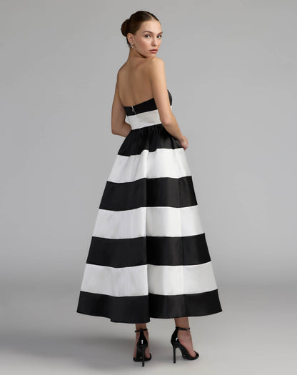 Black and White Striped Strapless Mikado Midi Dress