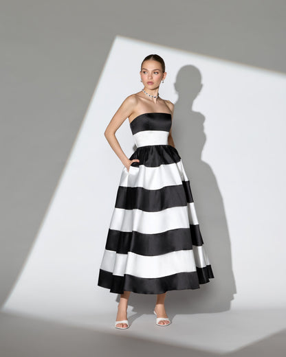 Black and White Striped Strapless Mikado Midi Dress