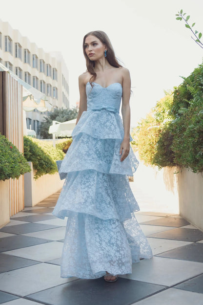 Blue Strapless Floral Organza Tiered Gown with Bow