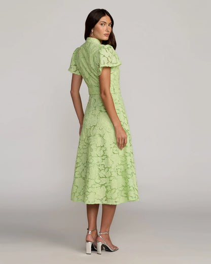 Green Embroidered Lace Belted Midi Dress