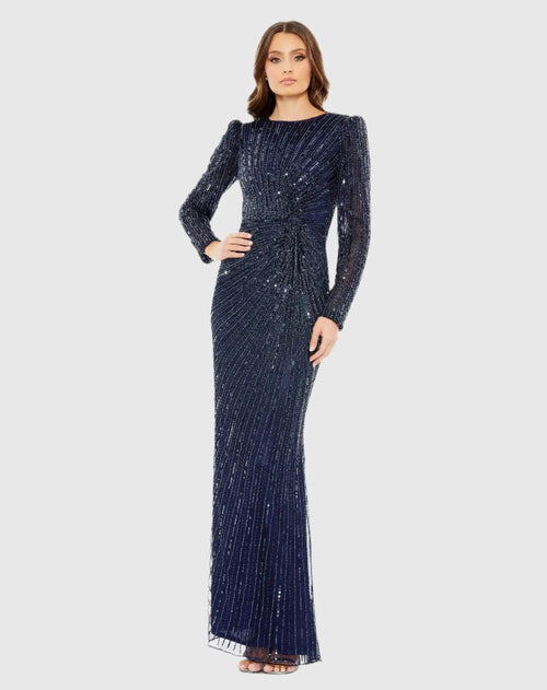 Navy Embellished Puff Sleeve Side Knot Gown - FINAL SALE