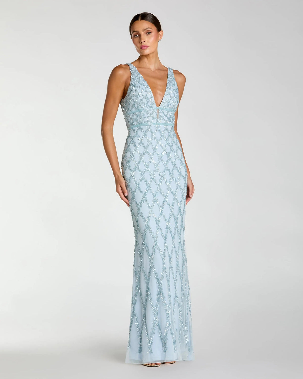 Blue Sequin Embellished Sleeveless Column Gown
