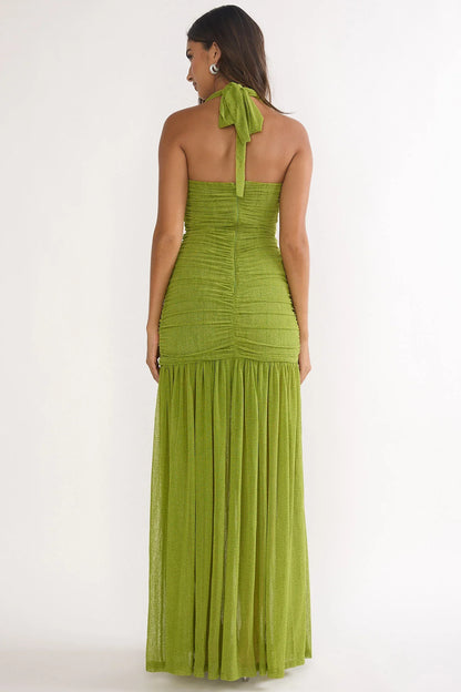 Galinda Ruched Bodice Halterneck Maxi Dress Olive