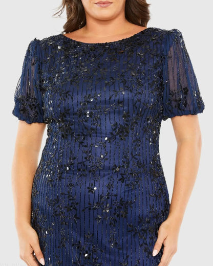 Navy High Neck Puff Sleeve Embellished Dress