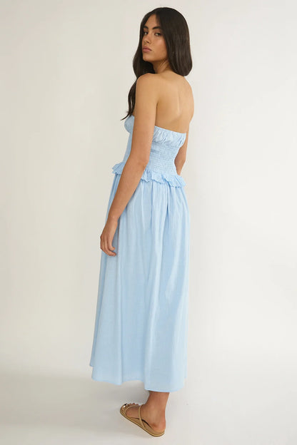 Lija Strapless Shirred Bodice Midi Dress Light Blue