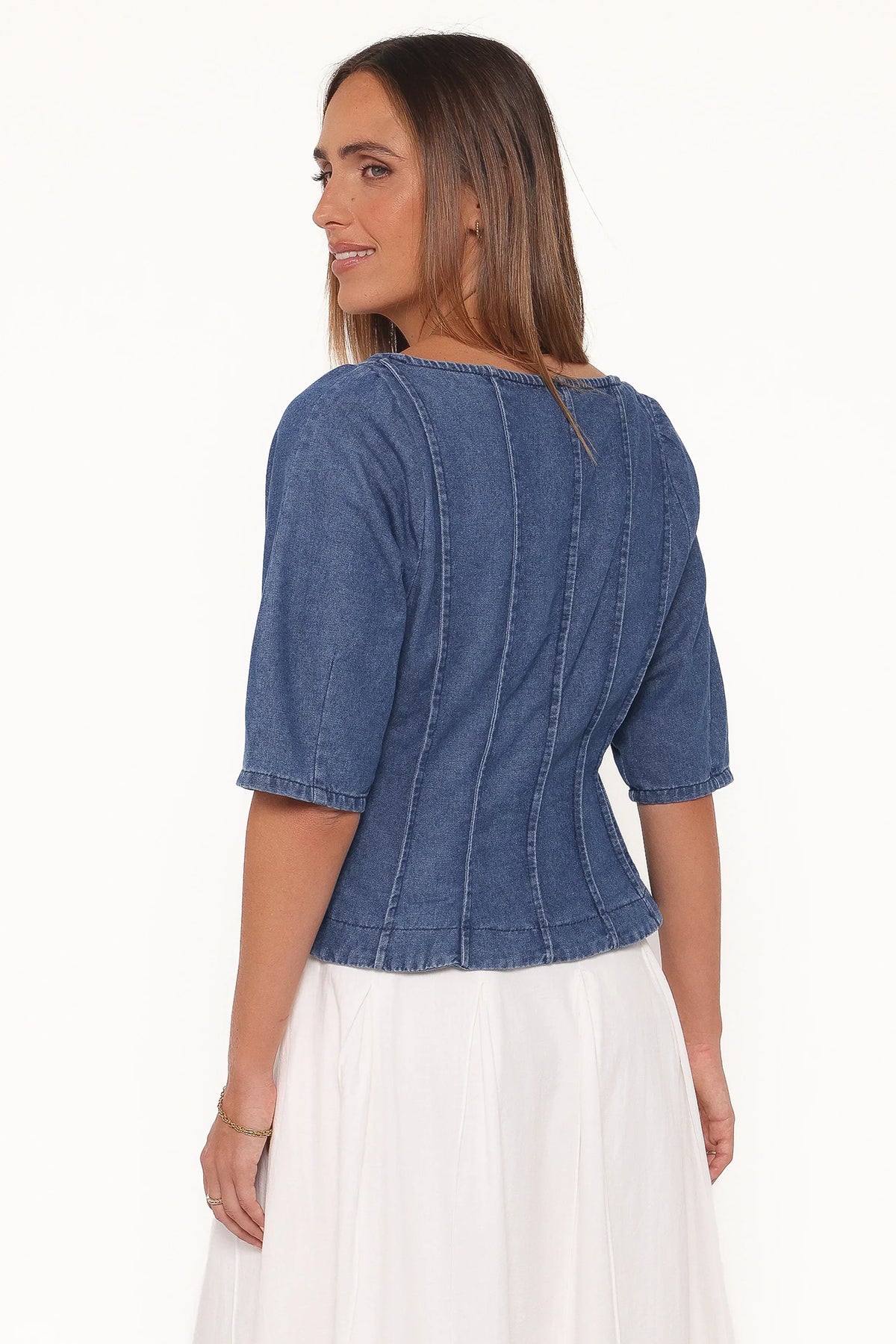Saylor Denim Peplum Top - Blue Medium Wash