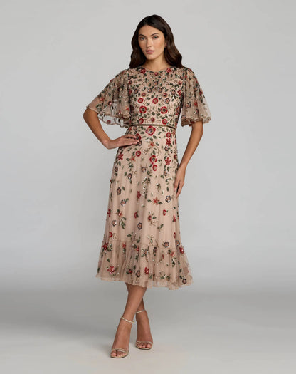 Floral Embellished Flutter Sleeve Midi Dress