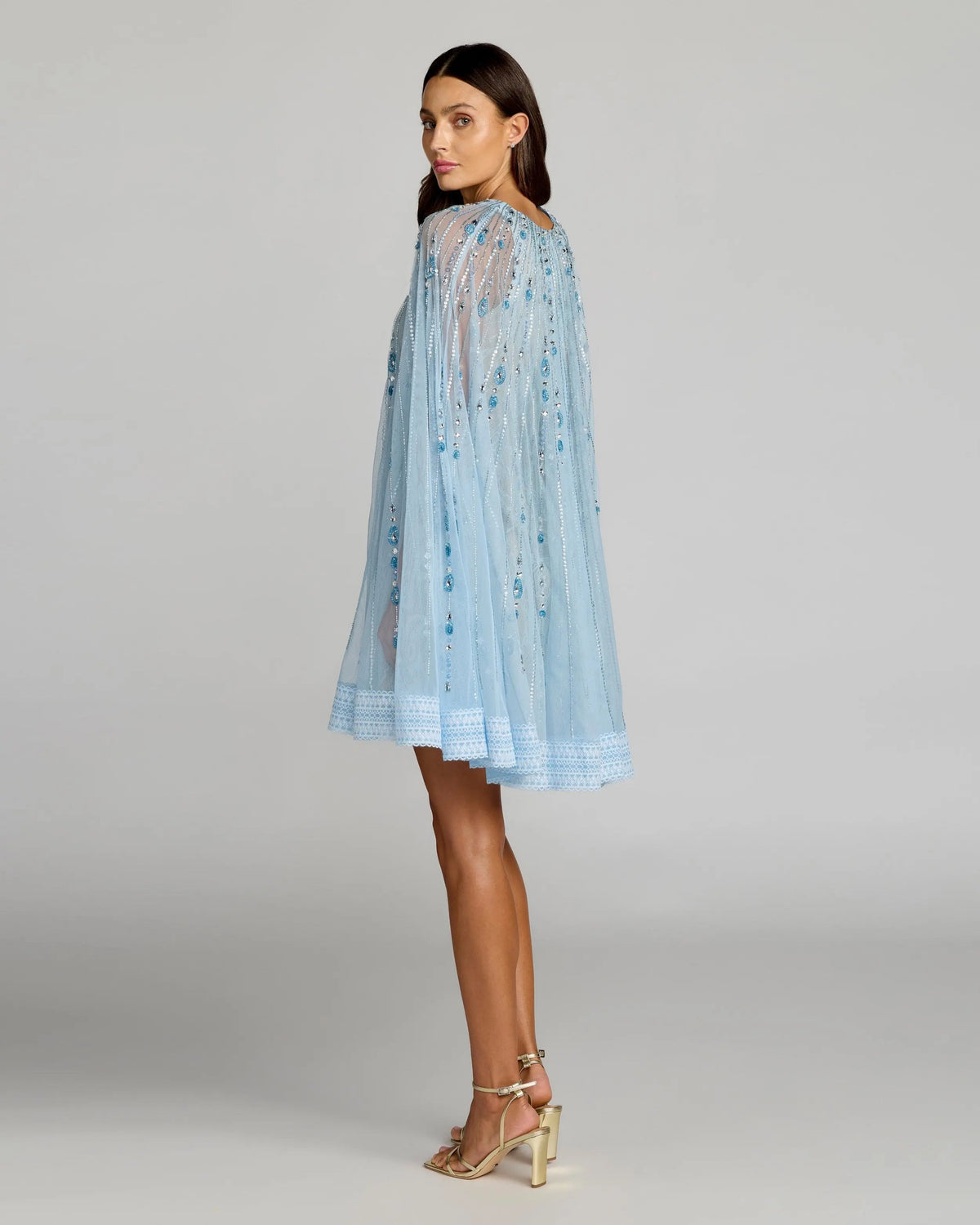Blue Beaded Lace Cape Sleeve Mini Dress